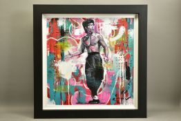 ZINSKY (BRITISH CONTEMPORARY) 'FIST OF FURY', A FULL LENGTH PROTRAIT OF BRUCE LEE, signed bottom