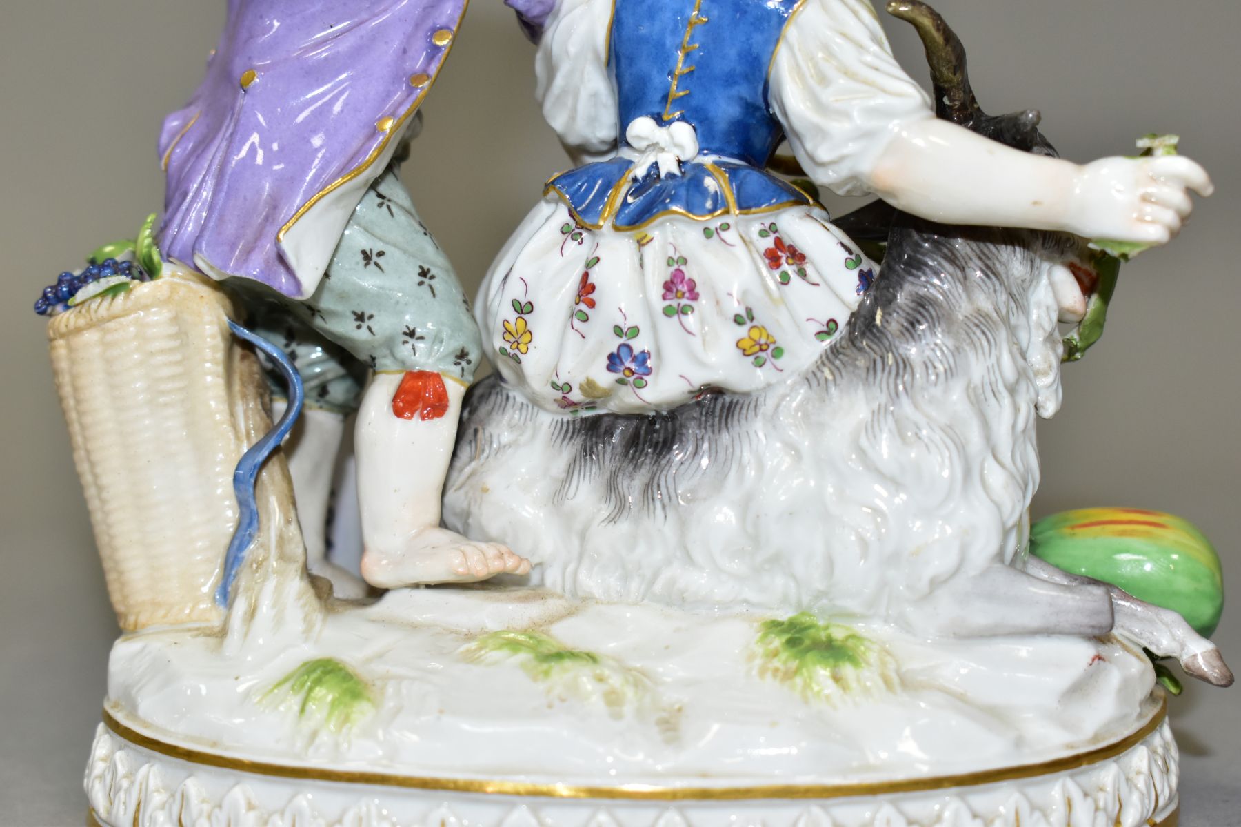 A LATE 19TH CENTURY MEISSEN FIGURE GROUP OF A BOY AND A GIRL WITH A GOAT, the boy playing a wind - Image 11 of 11