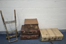 FOUR VINTAGE SUITCASES, to include stripped suitcase, along with tin trunk and a vintage wooden sack