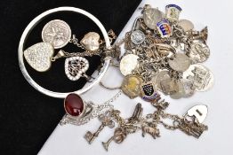 A BAG OF ASSORTED SILVER AND WHITE METAL JEWELLERY, to include a silver carnelian cabochon ring,