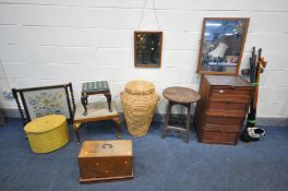 A SELECTION OF OCCASIONAL FURNITURE, to include a wicket Alibaba linen basket, two needle work