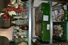 FOUR BOXES AND LOOSE GLASSWARE, CERAMICS, SEASHELLS, ETC, including a square decanter and stopper, a