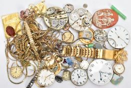 A BAG OF ASSORTED COSTUME JEWELLERY AND WATCH PARTS, to include various costume chains, pendants,