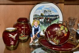 THREE PIECES OF CARLTON WARE ROUGE ROYALE, A SIMILAR CROWN DEVON GINGER JAR AND COVER, ETC,