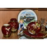 THREE PIECES OF CARLTON WARE ROUGE ROYALE, A SIMILAR CROWN DEVON GINGER JAR AND COVER, ETC,