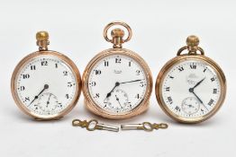 THREE GOLD-PLATED OPEN FACE POCKET WATCHES, one signed 'Waltham' one signed 'Limit', within plain