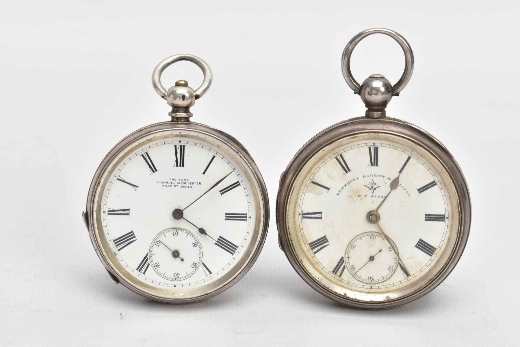 TWO SILVER OPEN FACE POCKET WATCHES, the first with a round white dial signed 'The ACME Samuel,