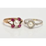 TWO CULTURED PEARL RINGS, one 9ct white gold ring set with a singular cultured pearl, measuring