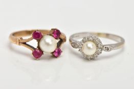 TWO CULTURED PEARL RINGS, one 9ct white gold ring set with a singular cultured pearl, measuring