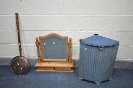 A PINE SWING MIRROR with two drawers, and a Lloyd loom corner linen basket (missing glass top) and a
