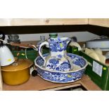 THREE BOXES AND LOOSE CERAMICS, GLASSWARES AND SUNDRY ITEMS, to include a Mason's blue and white