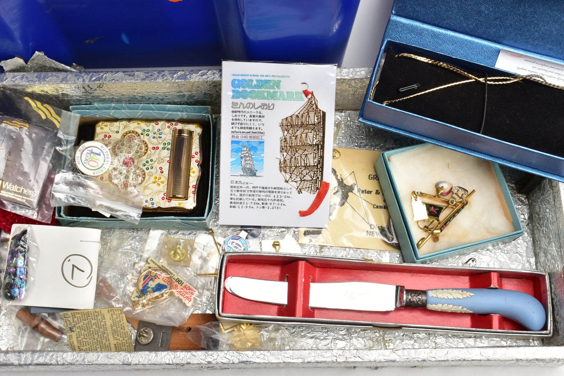 TWO BOXES OF MOSTLY COSTUME JEWELLERY, to include a boxed unused 'Mappin & Webb' tan colour travel - Image 7 of 11