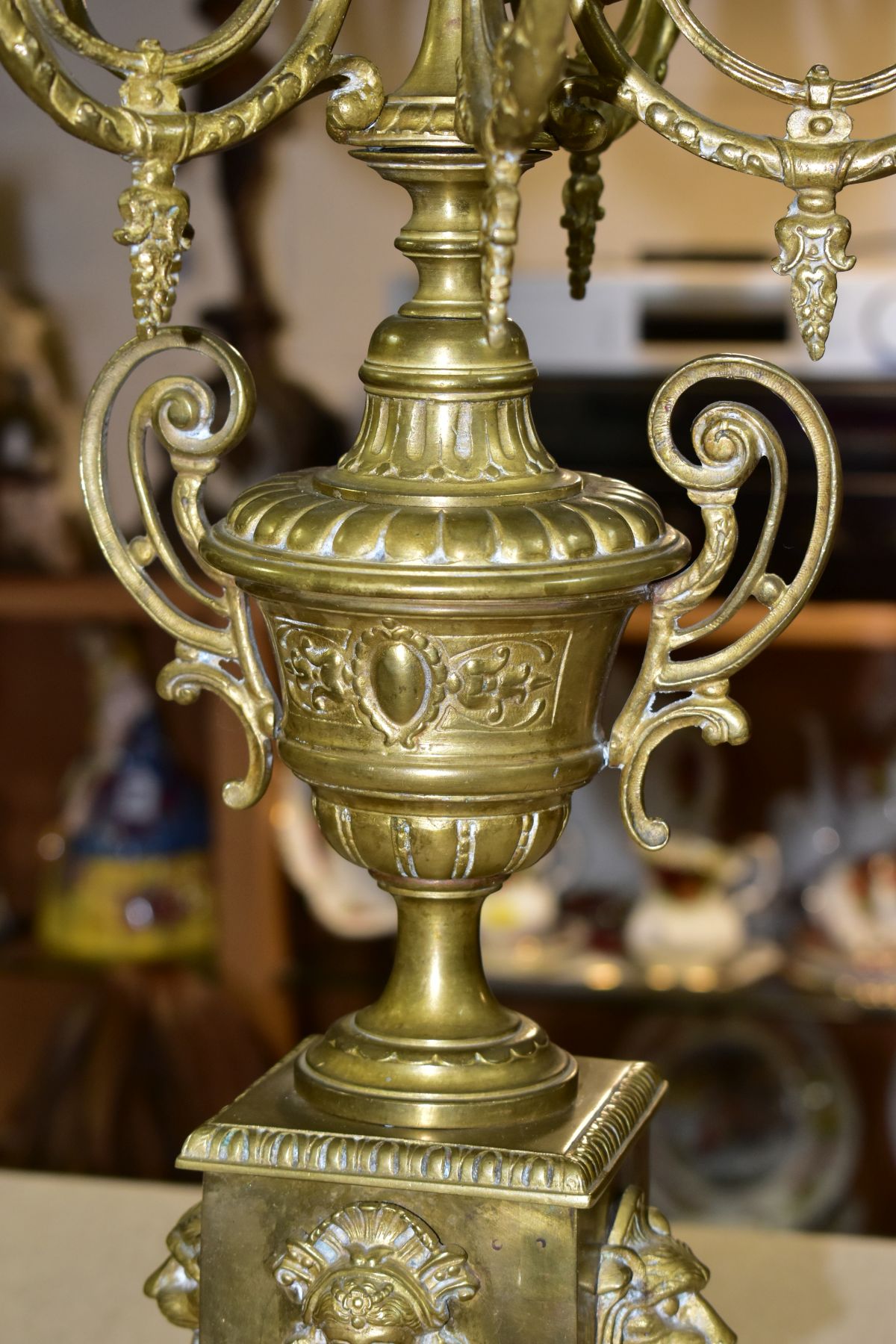 THREE BRASS CANDELABRA, one large candelabrum with five branches around a central sconce, the stem - Image 7 of 15