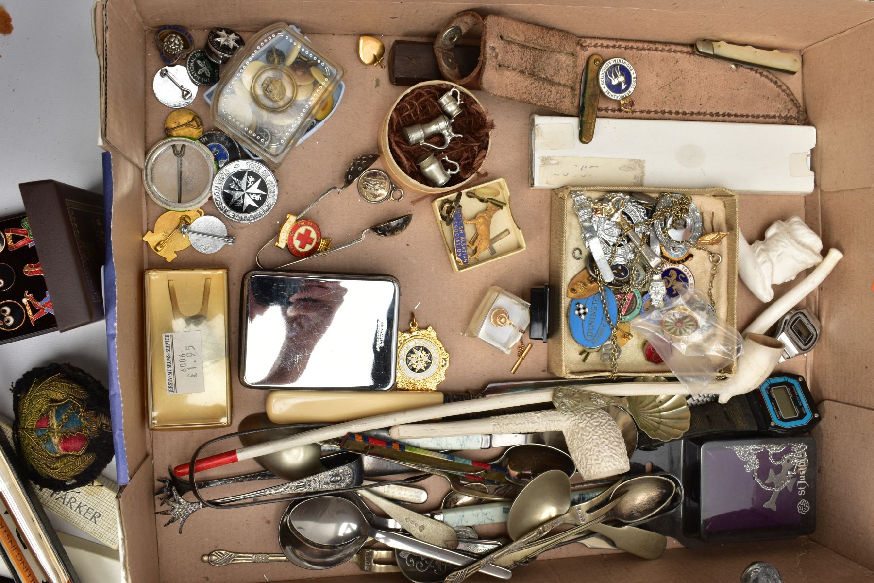 A BOX OF ASSORTED ITEMS, to include a 1940's James Robertson & Sons brooch collection, with six - Image 5 of 7