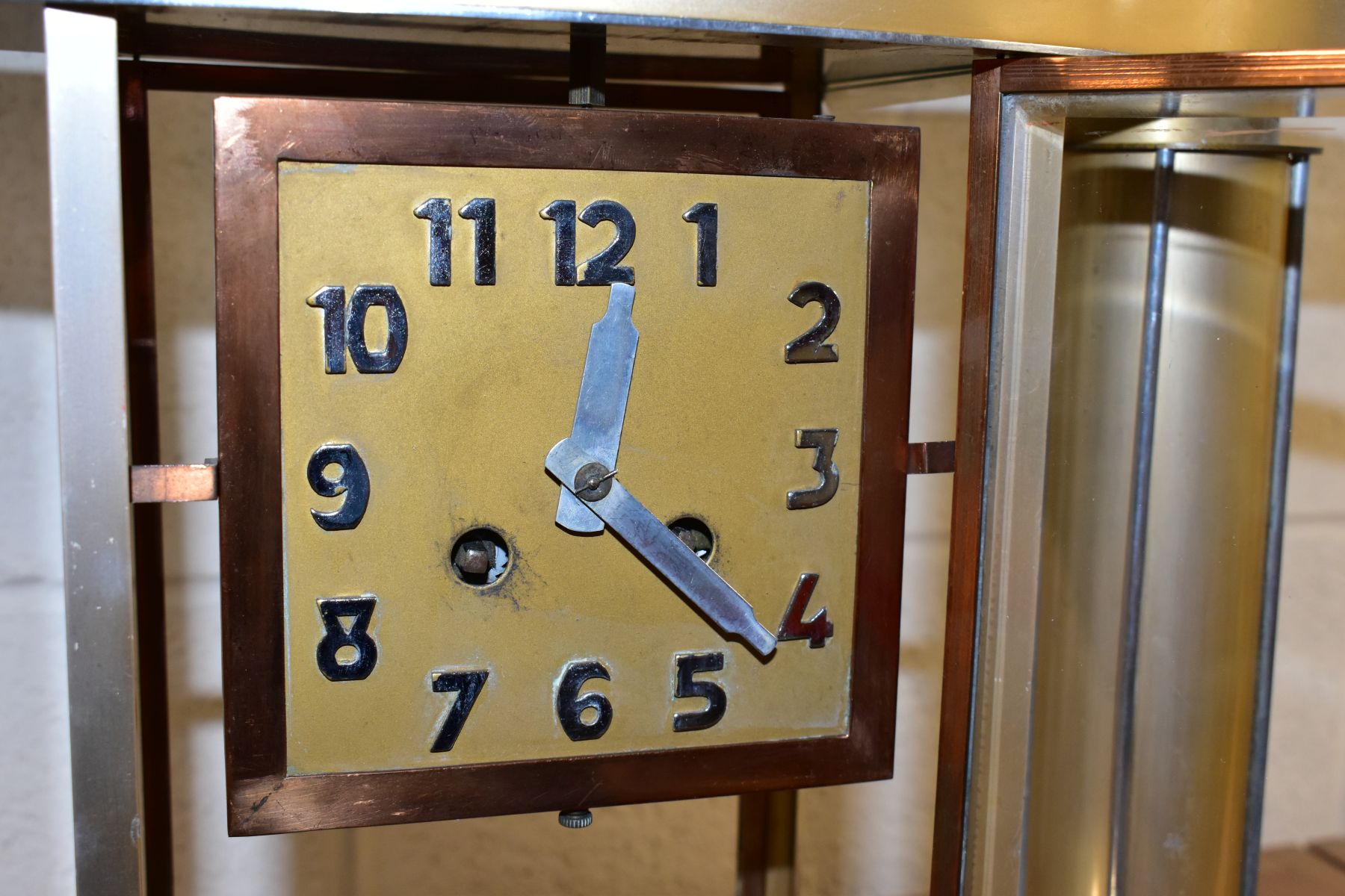 AN ART DECO STYLE CLOCK GARNITURE, the gold coloured metal case with chromed details, Arabic - Image 7 of 10