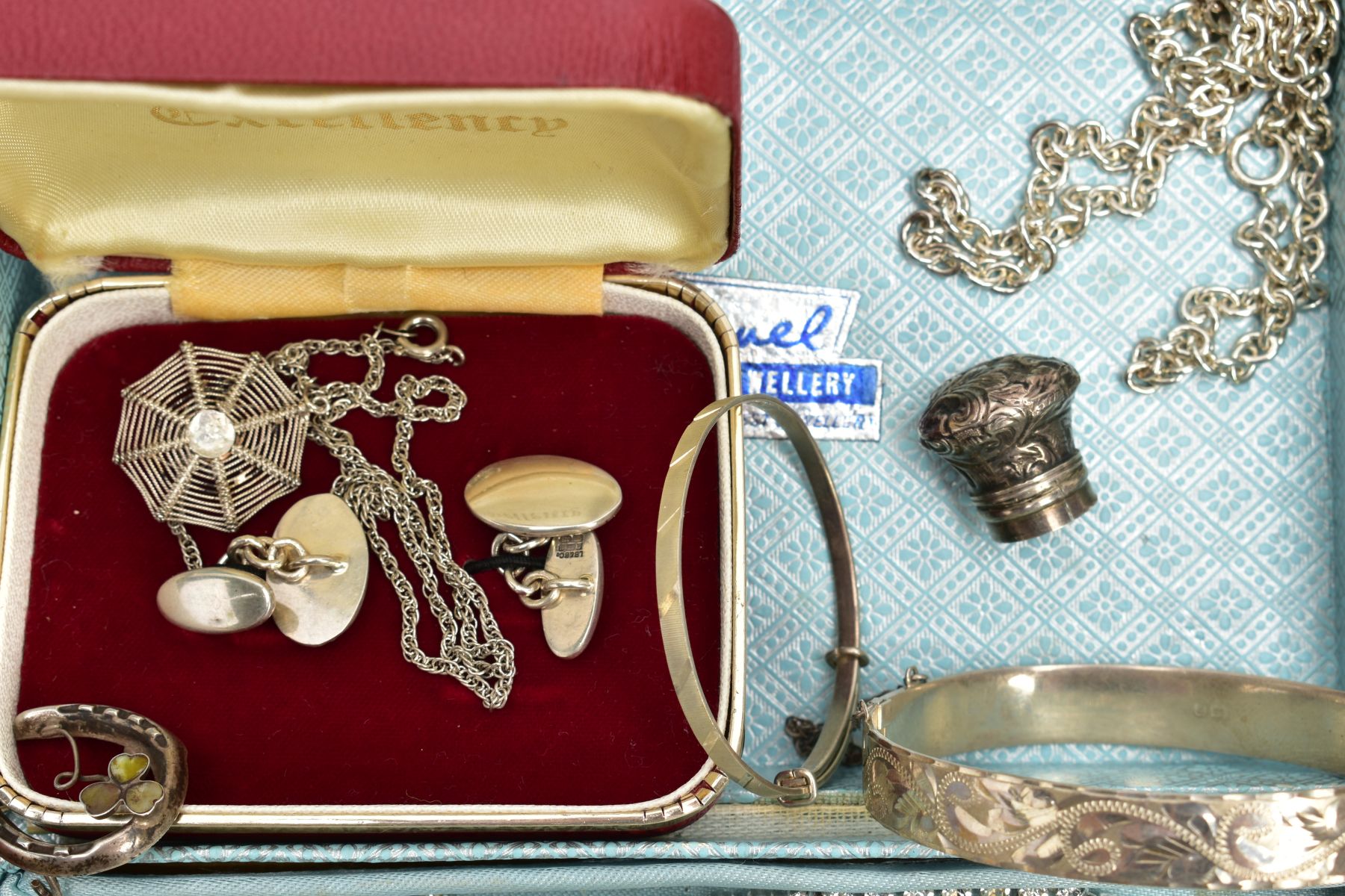 A BOX OF ASSORTED ITEMS, to include silver and costume jewellery items, two boxed 'Samuel' costume - Image 3 of 5