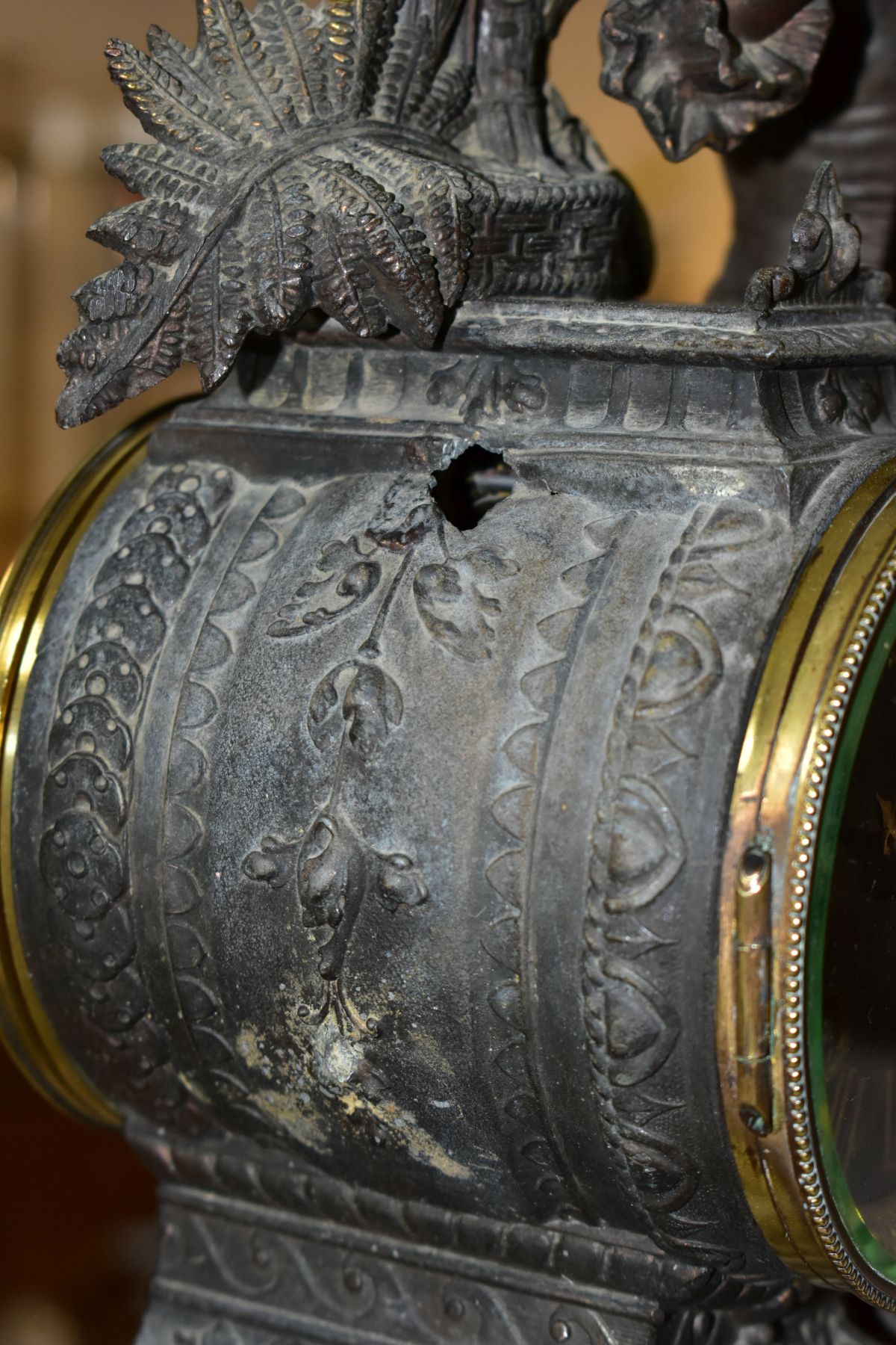 A LATE 19TH CENTURY BRONZED SPELTER AND BLACK SLATE CLOCK GARNITURE, the mantel clock with figure of - Image 14 of 14