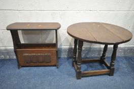 AN OAK LINENFOLD MANAGINE RACK, along with an oak drop leaf occasional table (2)