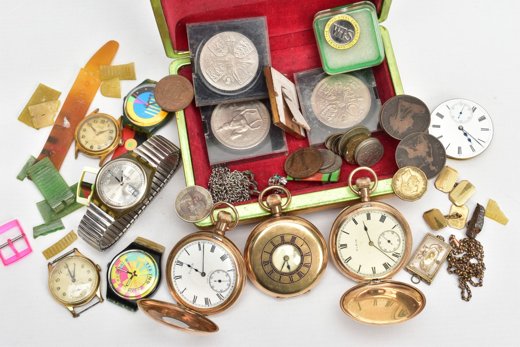 AN ASSORTMENT OF WATCHES AND COINS, to include three gold plated pocket watches all with white faces