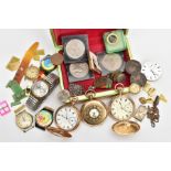 AN ASSORTMENT OF WATCHES AND COINS, to include three gold plated pocket watches all with white faces