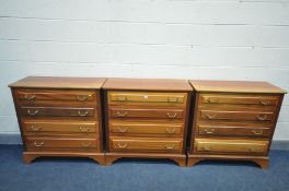 A SET OF THREE MAHOGANY CHEST OF FOUR LONG DRAWERS, brassed drop handles on bracket feet, width 90cm