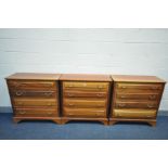 A SET OF THREE MAHOGANY CHEST OF FOUR LONG DRAWERS, brassed drop handles on bracket feet, width 90cm