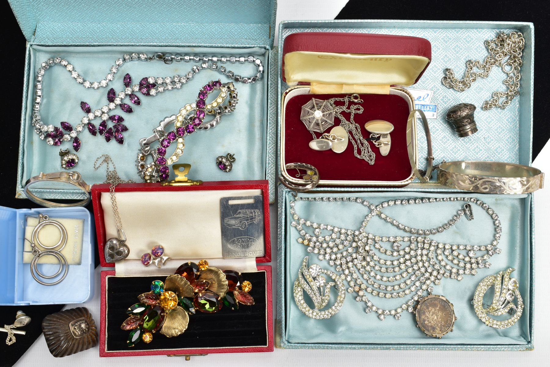 A BOX OF ASSORTED ITEMS, to include silver and costume jewellery items, two boxed 'Samuel' costume