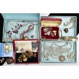 A BOX OF ASSORTED ITEMS, to include silver and costume jewellery items, two boxed 'Samuel' costume