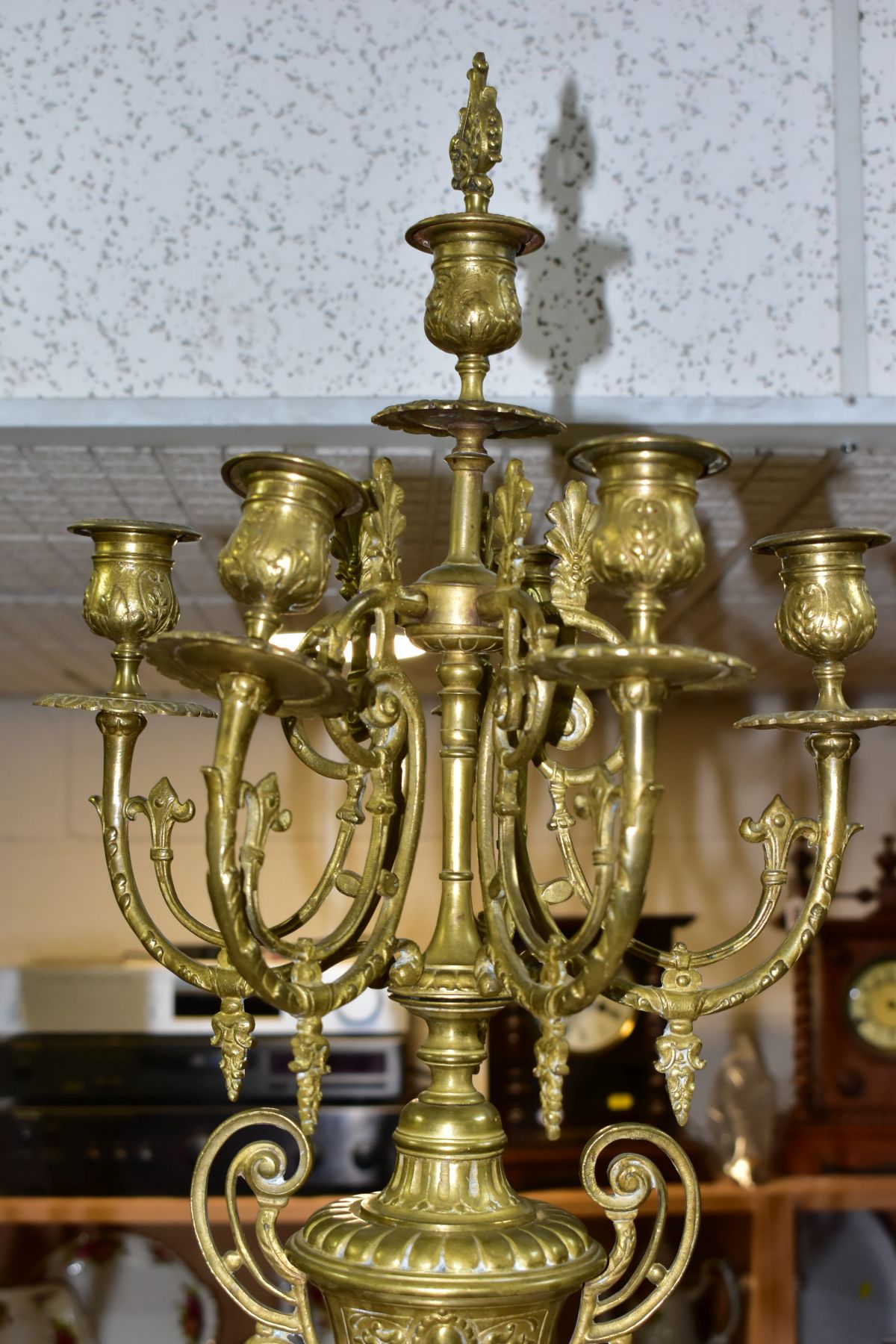 THREE BRASS CANDELABRA, one large candelabrum with five branches around a central sconce, the stem - Image 8 of 15