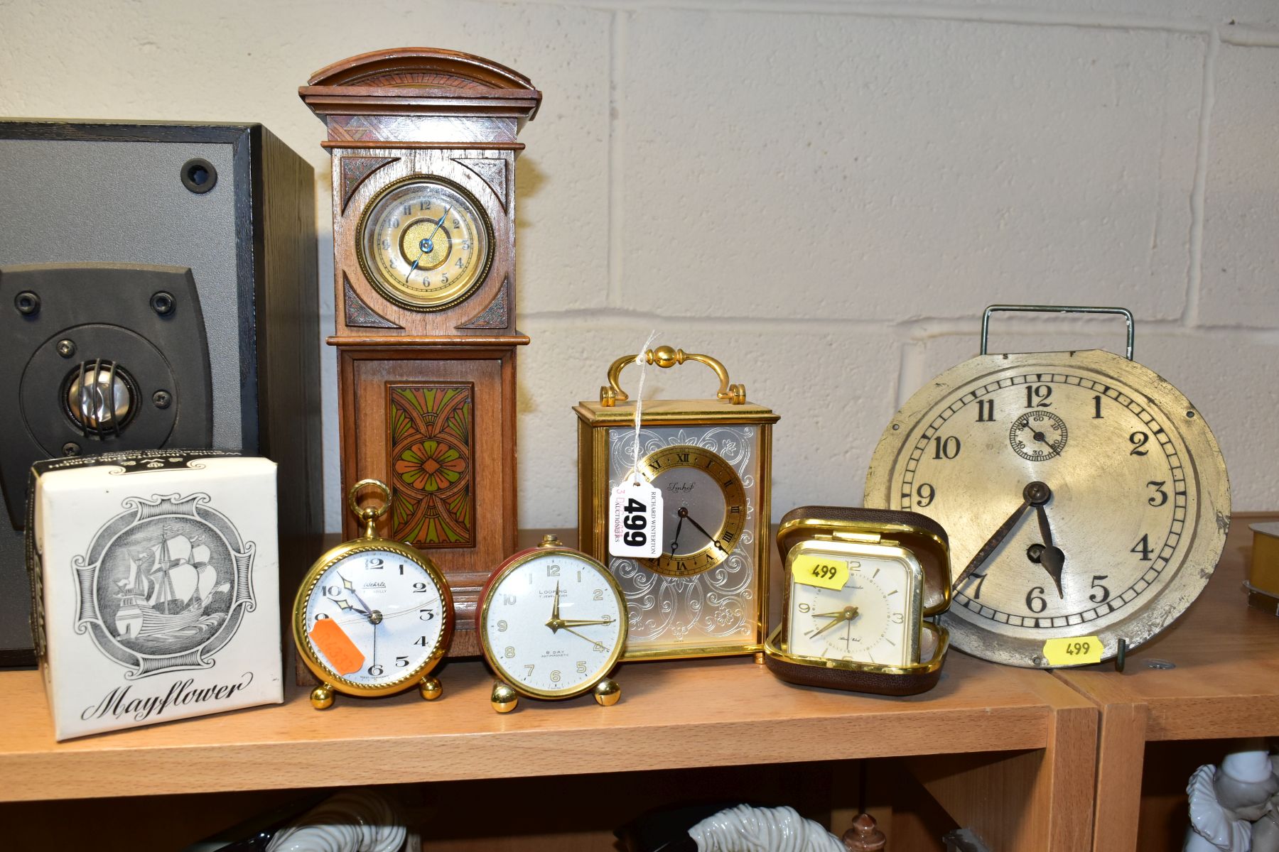 A GROUP OF SIX VARIOUS CLOCKS, comprising a late 19th century miniature longcase clock, height 27.