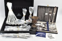 A SILVER TROPHY AND CUTLERY SETS, a silver trophy with attached plinth, hallmarked 'James Fenton &