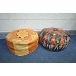 TWO CIRCULAR LEATHER POUFFE'S, one Moroccan and the other with Egyptians decoration