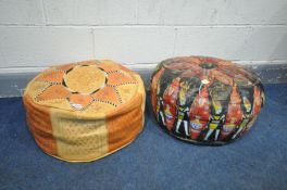 TWO CIRCULAR LEATHER POUFFE'S, one Moroccan and the other with Egyptians decoration