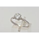 A WHITE METAL SINGLE STONE DIAMOND RING, round brilliant cut diamond within a ten claw setting,