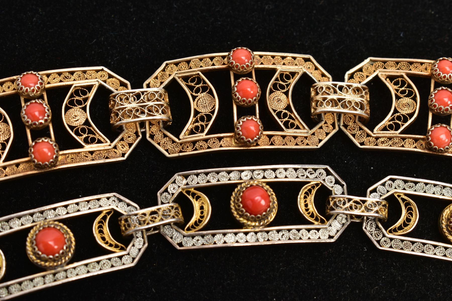 TWO GILT FILIGREE CORAL BRACELETS, the first designed with five rectangular links with cut off - Image 3 of 4