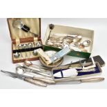 A BOX OF ASSORTED CUTLERY AND ITEMS, to include a cased set of seven chrome plate shell shaped