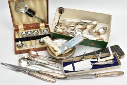 A BOX OF ASSORTED CUTLERY AND ITEMS, to include a cased set of seven chrome plate shell shaped