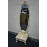 AN OLYMPUS CREAM FRENCH OVAL CHEVAL MIRROR, with a single drawer, width 47cm x depth 39cm x height