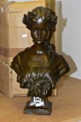 A REPRODUCTION BRONZE BUST OF A YOUNG WOMAN, with box, height of bust approximately 43cm, width