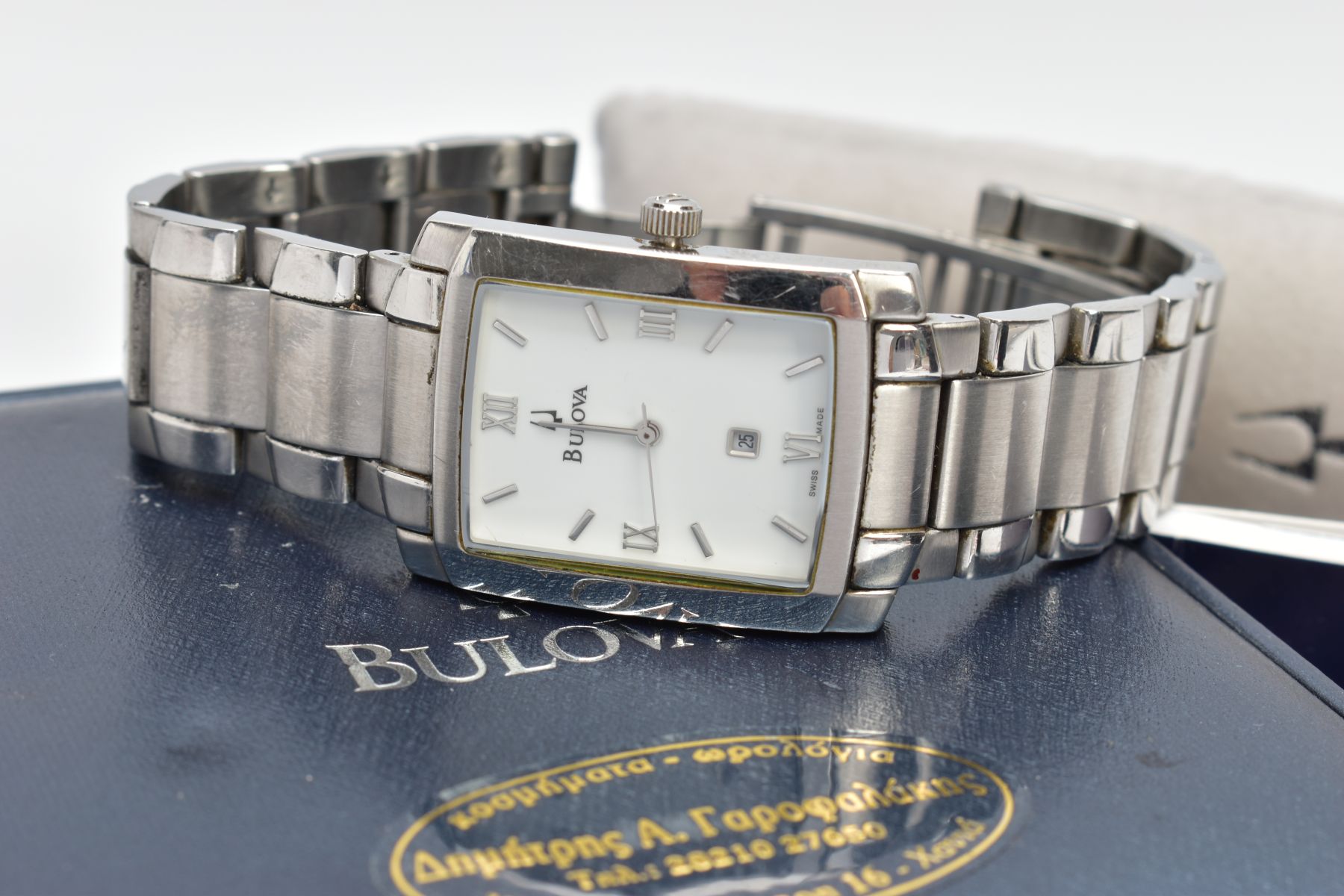 TWO BULOVA WATCHES, a gents mechanical steel watch with a rectangular white face, silver coloured - Image 2 of 6