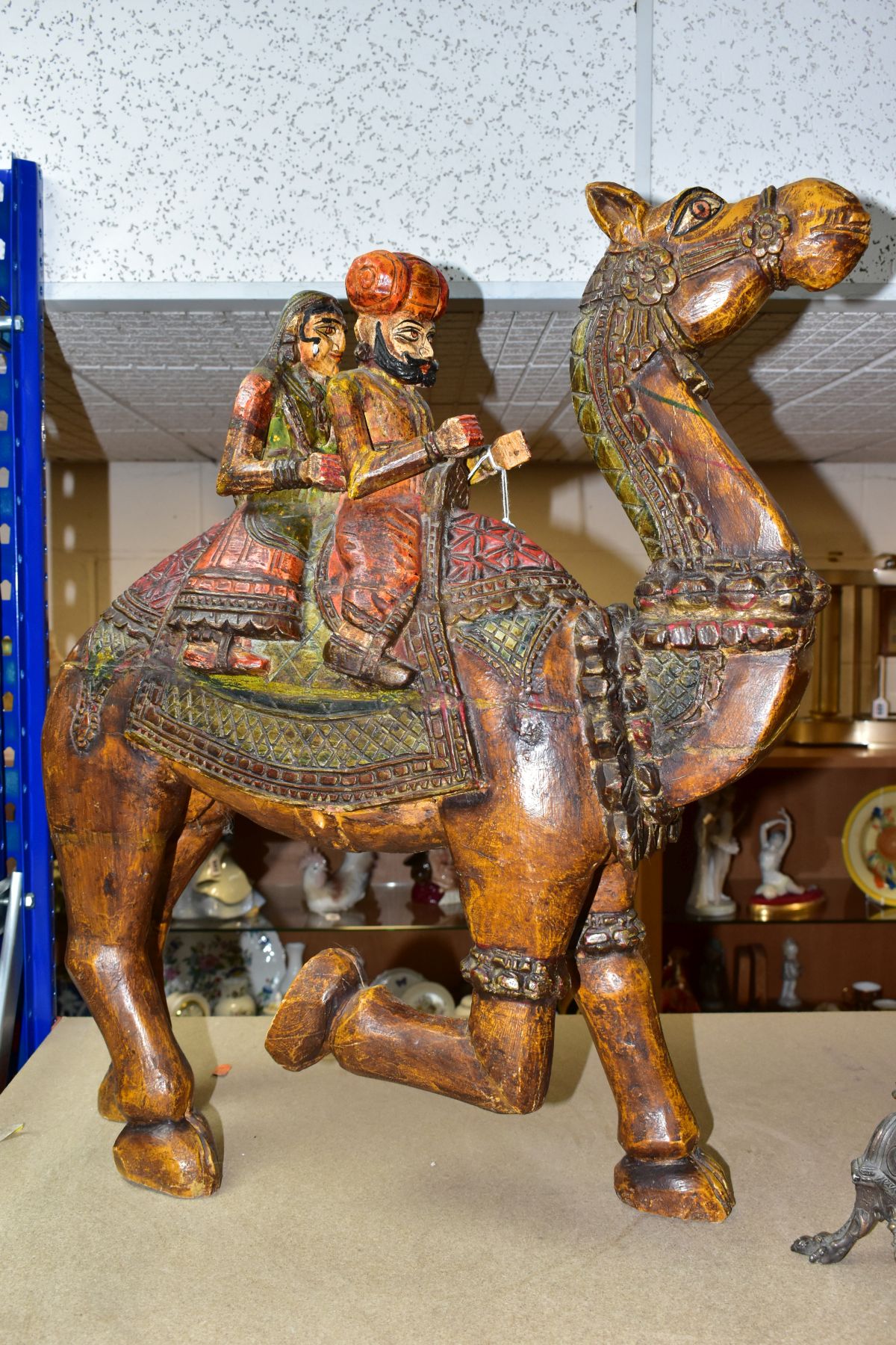 A LARGE WOODEN CARVED CAMEL WITH RIDERS, with carved and painted details, it may depict the - Image 5 of 9