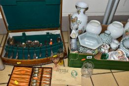 A BOX OF CERAMICS, GLASSES, CANTEEN OF CUTLERY ETC, to include Royal Doulton Brambly Hedge table