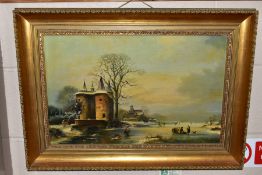 A NOSTALGIC FLEMISH WINTER SCENE WITH FIGURES ON A FROZEN CANAL, unsigned oil on board, gilt framed,