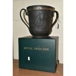 A BOXED ROYAL DOULTON LIMITED EDITION BLACK BASALT LOVING CUP, commemorating THE MAYFLOWER 1620-1970