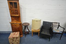 A PINE CORNER CUPBOARD, mahogany torchere stand, Lloyd loom corner linen basket, Rattan style
