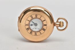 A 9CT GOLD HALF HUNTER POCKET WATCH, round white dial, Roman numerals, seconds subsidiary dial at