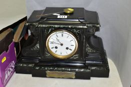 A LATE VICTORIAN BLACK SLATE AND MARBLE MANTEL CLOCK, the white enamel dial with Roman numerals,