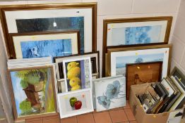 PAINTINGS , PRINTS AND PHOTO FRAMES ETC, to include two flower still life oils signed S Leigh,