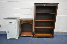 AN OAK OPEN BOOKCASE, width 74cm x depth 30cm x height 126cm, a small mahogany bookcase with a
