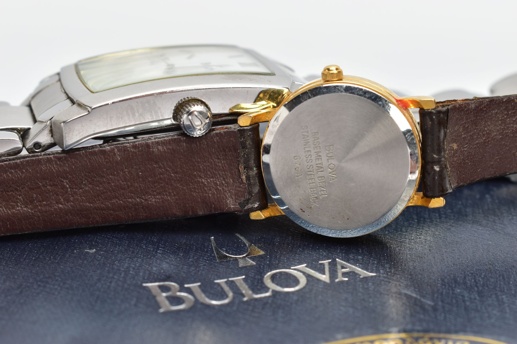 TWO BULOVA WATCHES, a gents mechanical steel watch with a rectangular white face, silver coloured - Image 6 of 6